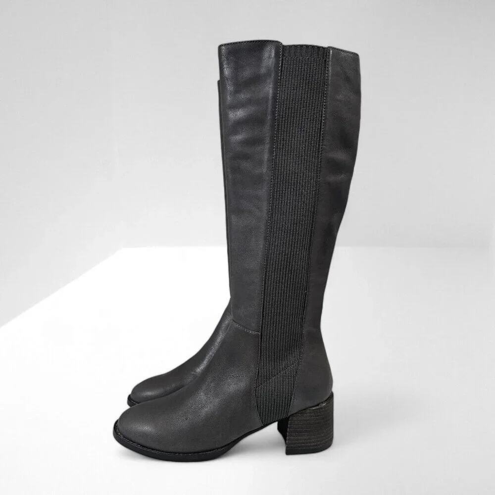 Eileen Fisher Destry Knee High Boot Womens 6.5 Graphite Leather Tall Block Heel